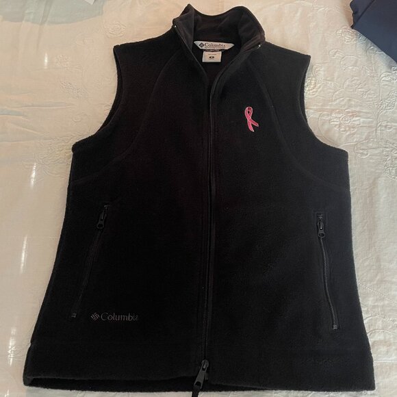Columbia Size S Black Fleece Vest with Pink Breast Cancer Ribbon and Zip Pockets - Picture 6 of 7